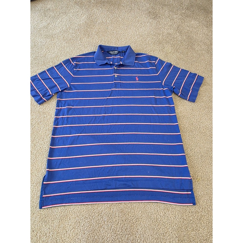Polo Golf Ralph Lauren Mens Medium Blue Pink Striped Pima Cotton Polo Shirt